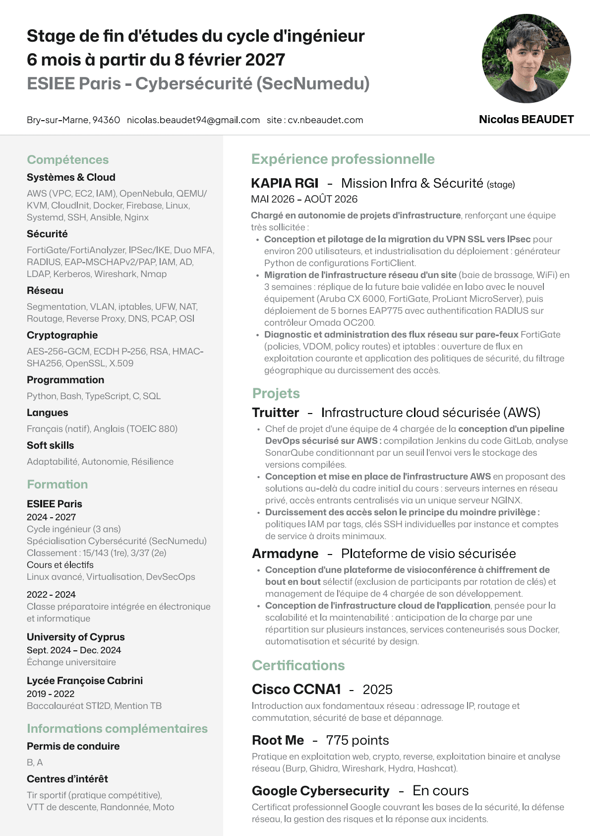 Aperçu de la première page du CV